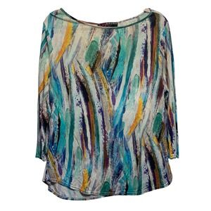 Peck & Peck Abstract Print Top Womens PL Multicolor 3/4 Sleeve Boat Neck Artsy